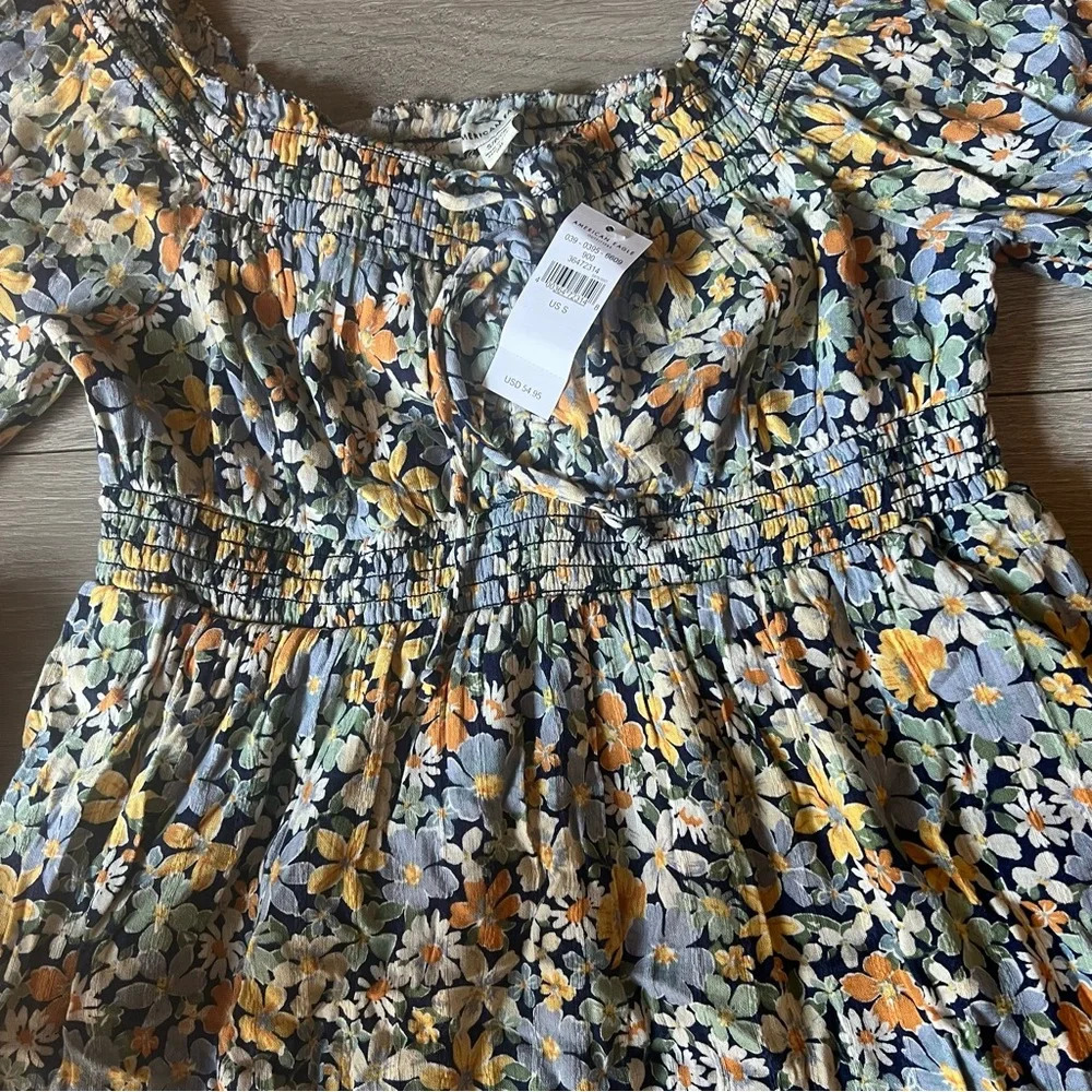 American Eagle Outfitters Mini Dress Women’s Floral Puff Sleeve Off Shoulder Sma - Picture 8 of 15
